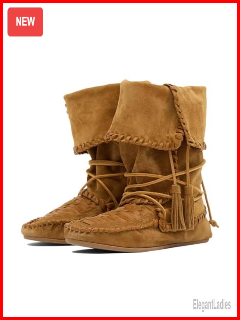 Faux Suede Slouchy Mid Calf Western Boots Woven Fringe Womens